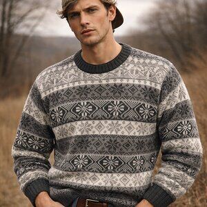 ‘90s‎ Vintage Fair Isle Nordic Wool Blend Sweater Gray White Size XL - NWOT